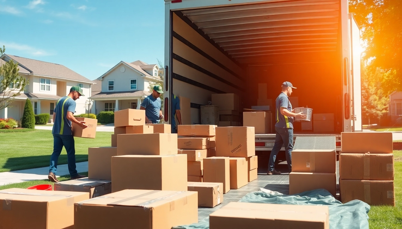 Out of State Movers organizing and loading belongings into a truck in a sunny neighborhood.