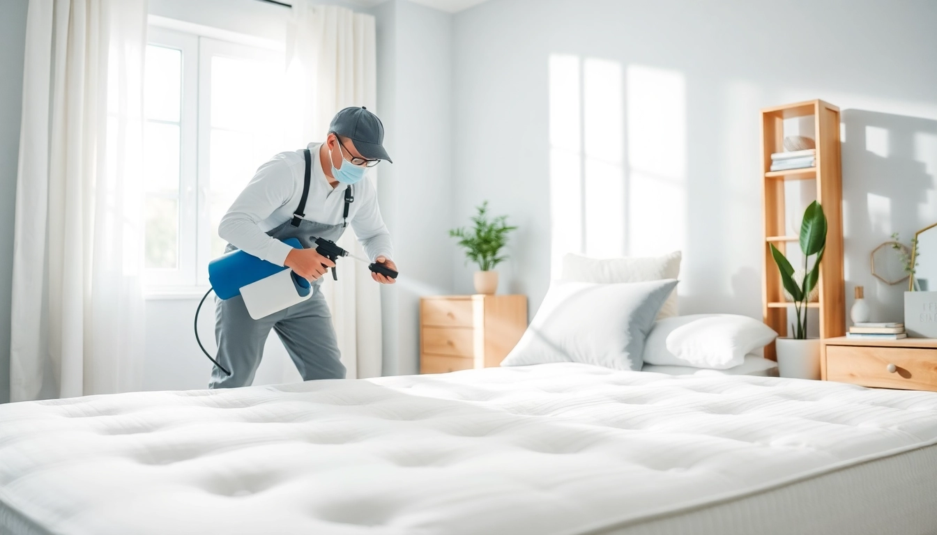 Applying affordable bed bug treatment in a clean bedroom environment during pest control service.