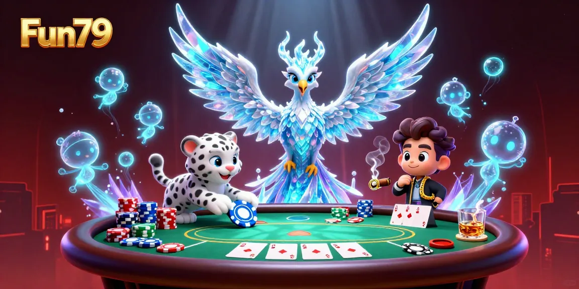 Experience Fun79's vibrant casino atmosphere with an ice phoenix and poker chips