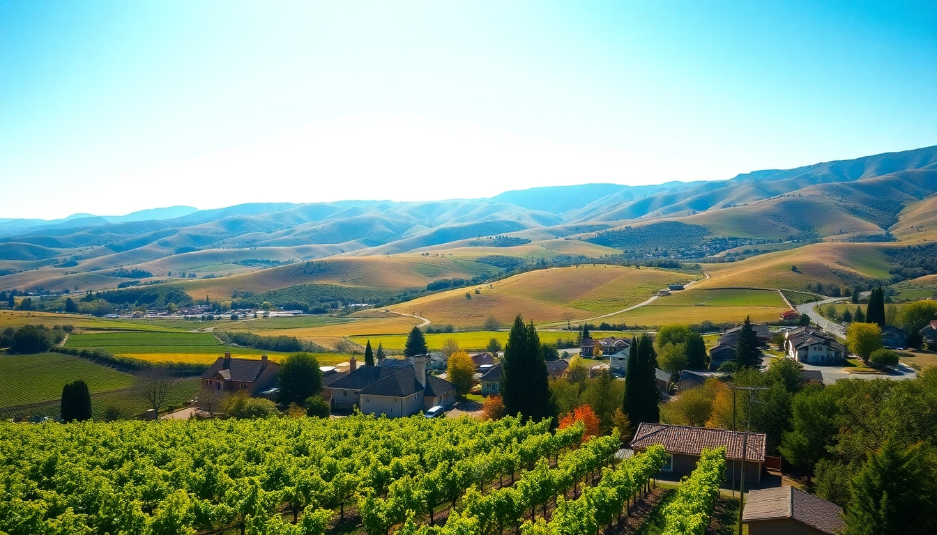 Charming vineyard landscape in clarksburg california with rolling hills and a blue sky.