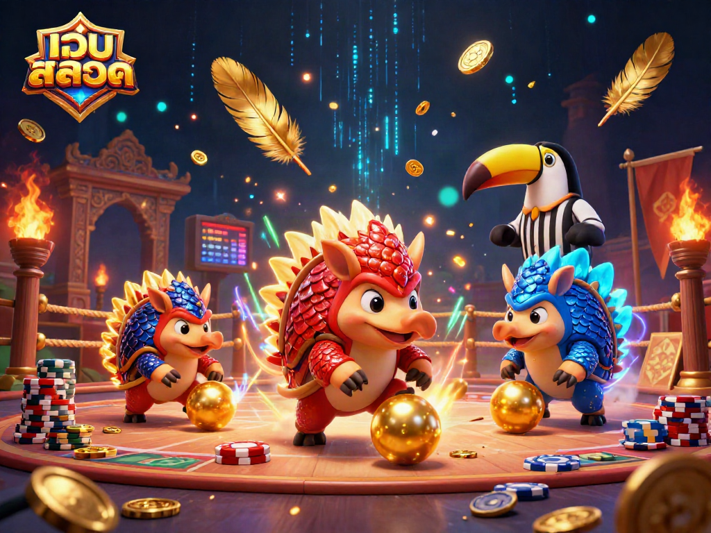 Engage with เว็บสล็อต through thrilling pangolins bowling in a lively casino scene layered with vibrant gambling elements.