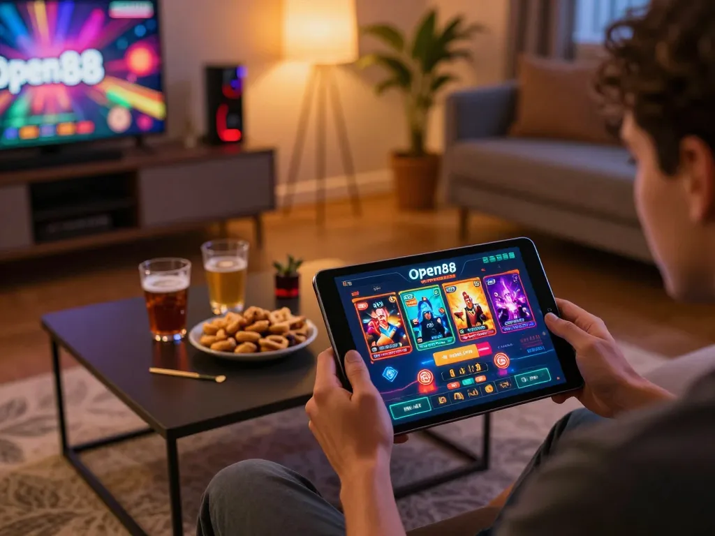 Experience the excitement of Open88 online gaming with a cozy home setup featuring a tablet and snacks.
