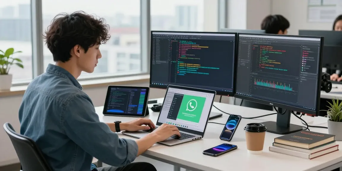 Developer using WhatsApp下載 on a sleek laptop in a modern office.