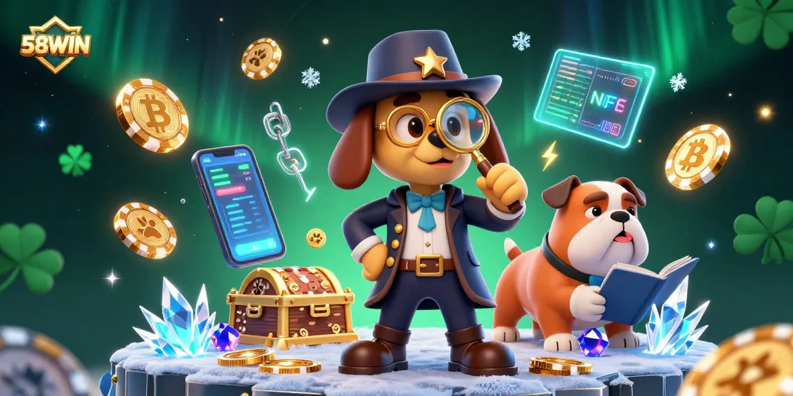 58WIN showcases a casino detective discovering golden poker chips, surrounded by cryptocurrency elements.