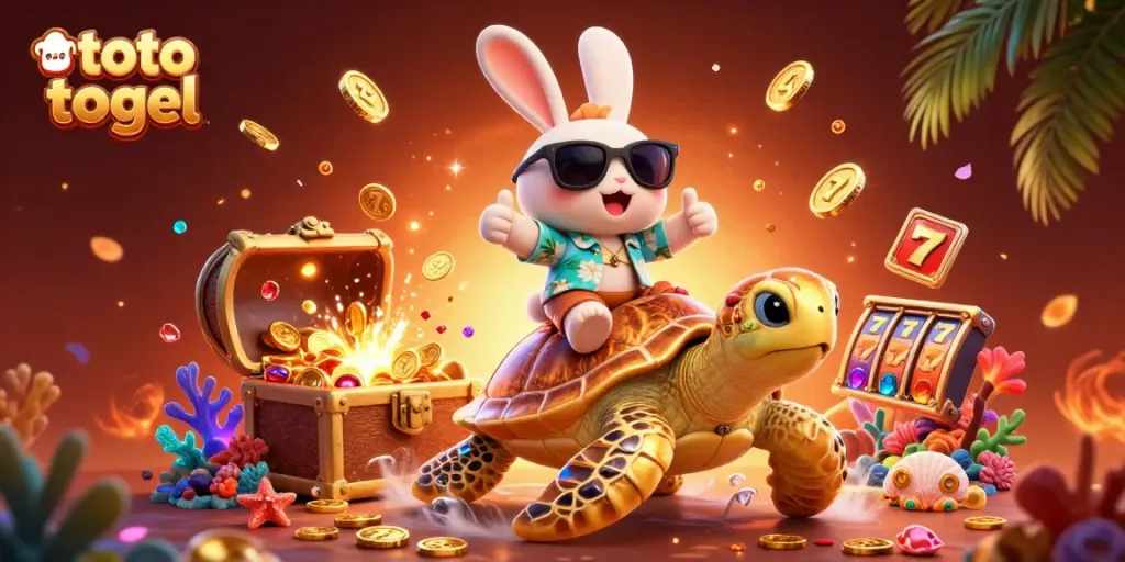 Menangkan permainan toto togel dengan kelinci beruntung dan kura-kura emas dikelilingi harta karun.