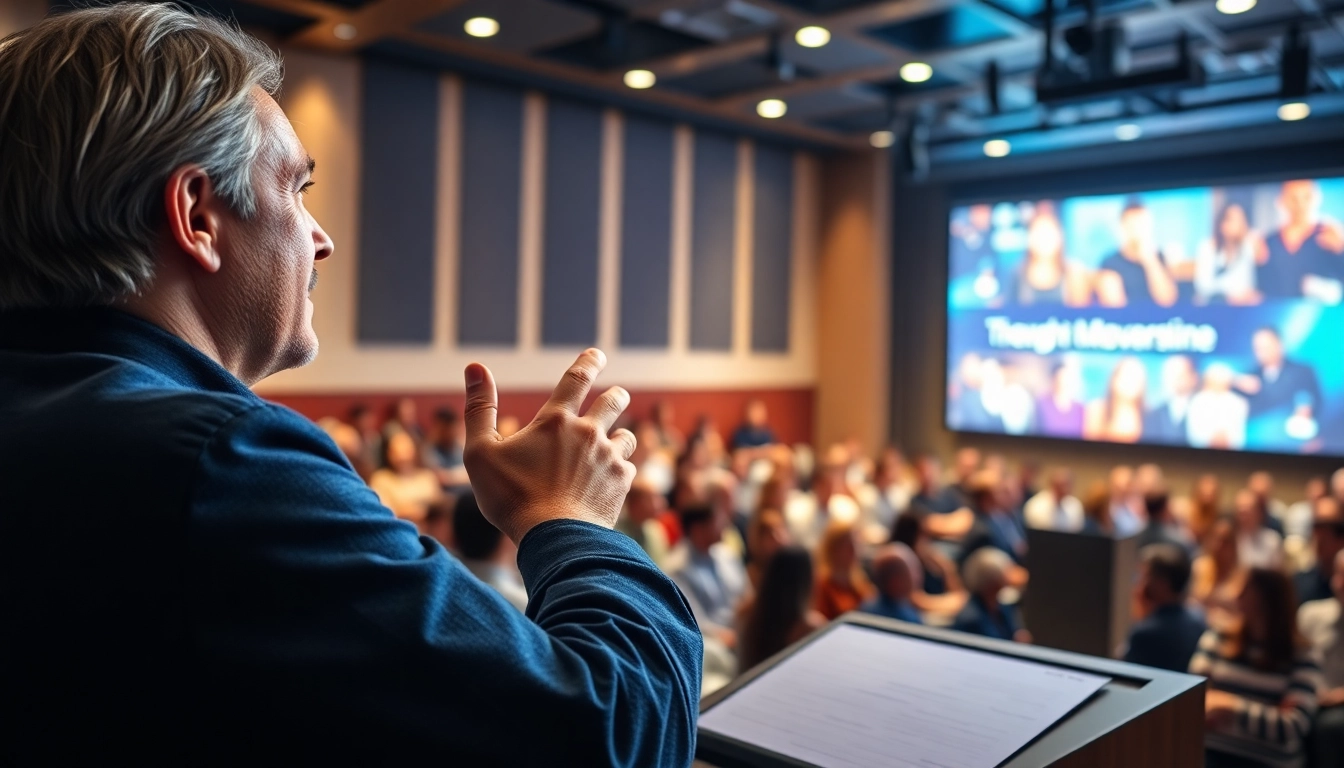 Keynote Speaker captivating an audience with inspiring presentation in a vibrant setting.
