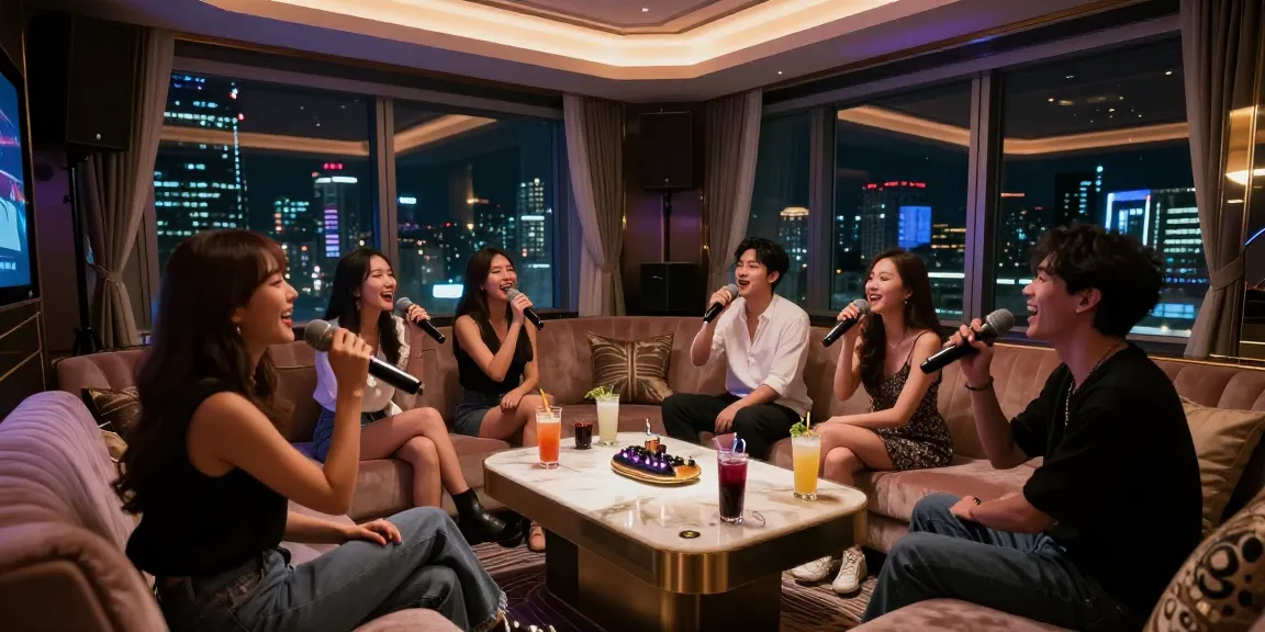 강남가라오케에서 친구들과 함께 노래 부르며 프리미엄 음료를 즐기는 고급스러운 분위기