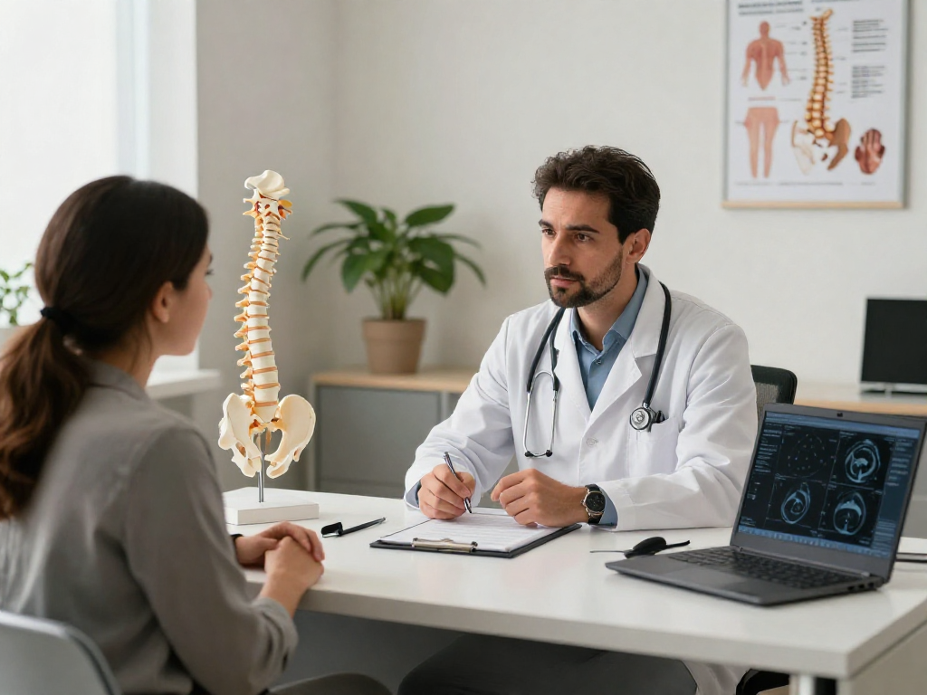 Bel fıtığı ameliyatı consultation with physician discussing treatment options in a modern clinic setting.