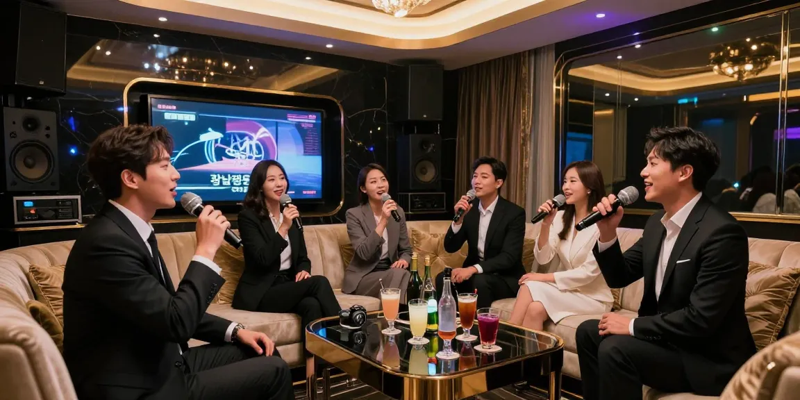 고급스러운 강남쩜오 노래방에서 비즈니스 파트너들과 사적인 기념일을 즐기는 장면