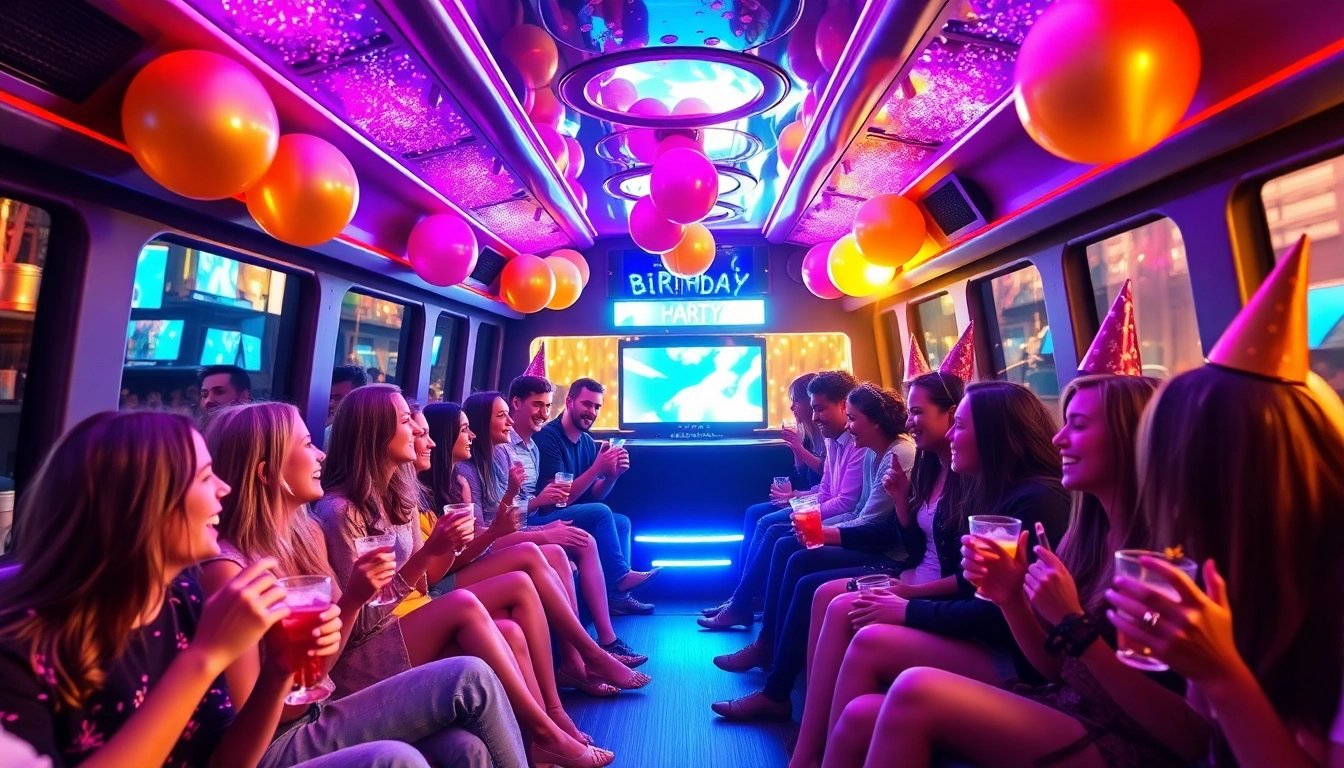 Experience the festive ambiance inside Party-Bus.co.uk, with vibrant LED lighting and joyful guests celebrating.