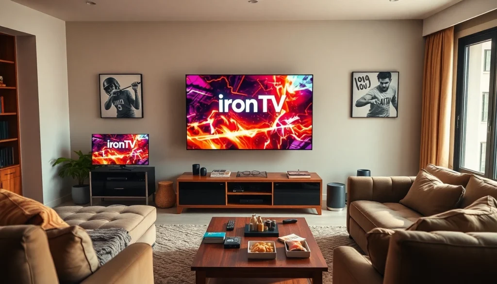 Experience vibrant IPTV content with iron IPTV on a stylish living room setup.
