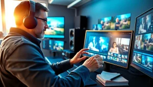 Engaged in post-production & editing, a film editor masterfully enhances video footage in a bright studio.