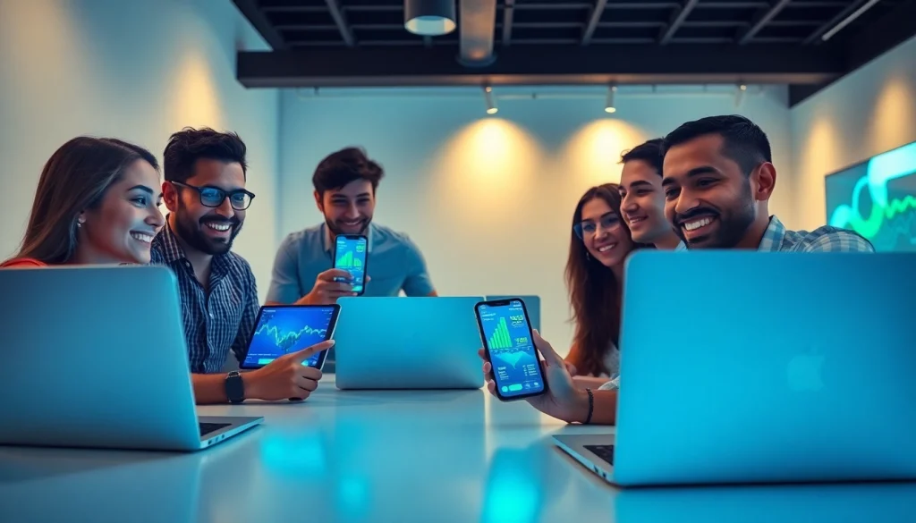 Team collaborating on a cutting-edge crypto mining app with laptops and mobile devices.