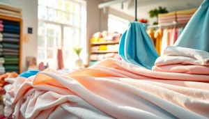 Katoen stoffen in verschillende kleuren presenteren in een textielwinkel.