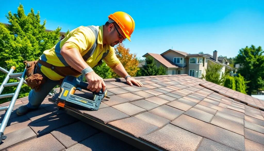 Showcasing reliable roofing services, a contractor installs shingles on a new home under bright sunlight.