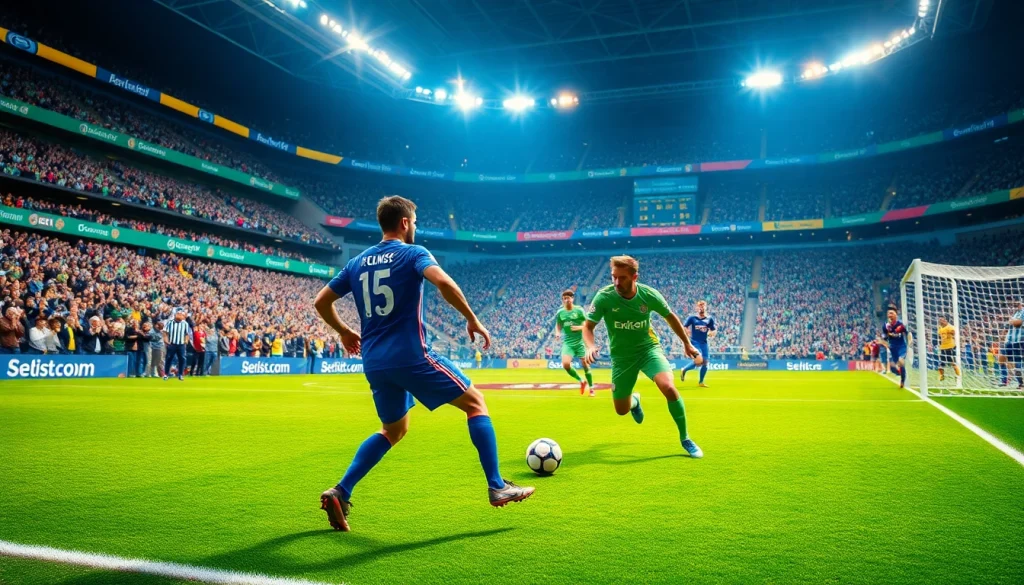 축구중계를 즐기며 응원하는 팬과 선수들이 있는 경기장 모습