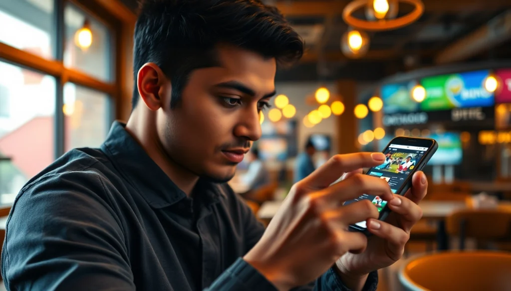 Engaging with sports betting apps India on a smartphone in a vibrant café setting.