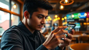 Engaging with sports betting apps India on a smartphone in a vibrant café setting.