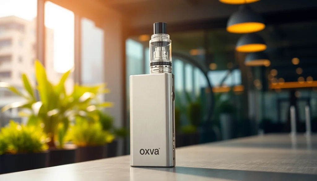Vape mit Oxva Branding in modernem, urbanem Umfeld präsentiert.