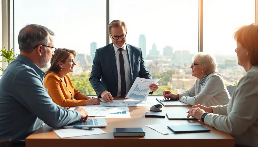Engaging retirement planning San Antonio session with a financial planner and clients in a modern office.