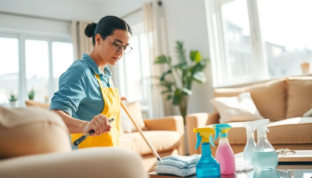 Enhance your home with a professional Cleaning Service expertly organizing and cleaning the living space.