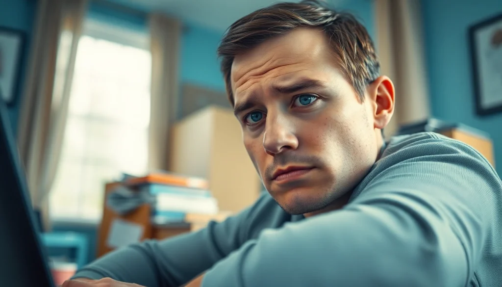 Person showing symptoms of brain fog while working at a desk, portraying confusion and contemplation.
