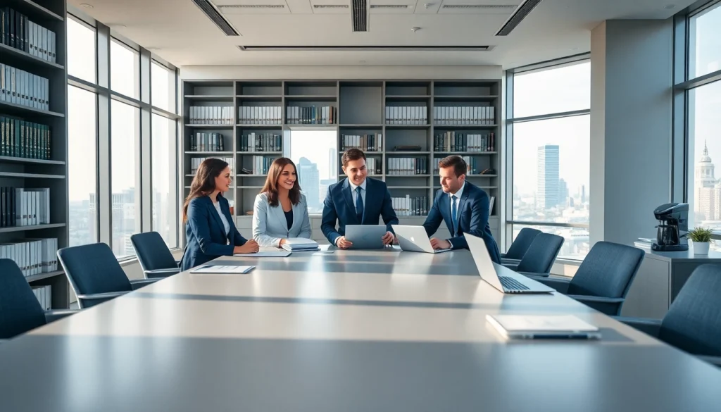 Members of an environmental law firm discussing cases in a modern office setting.