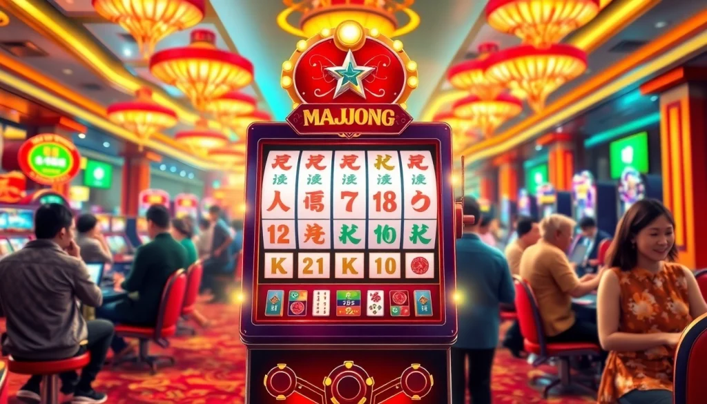 Menang di slot demo mahjong dengan mesin slot penuh warna dan suasana kasino yang meriah.