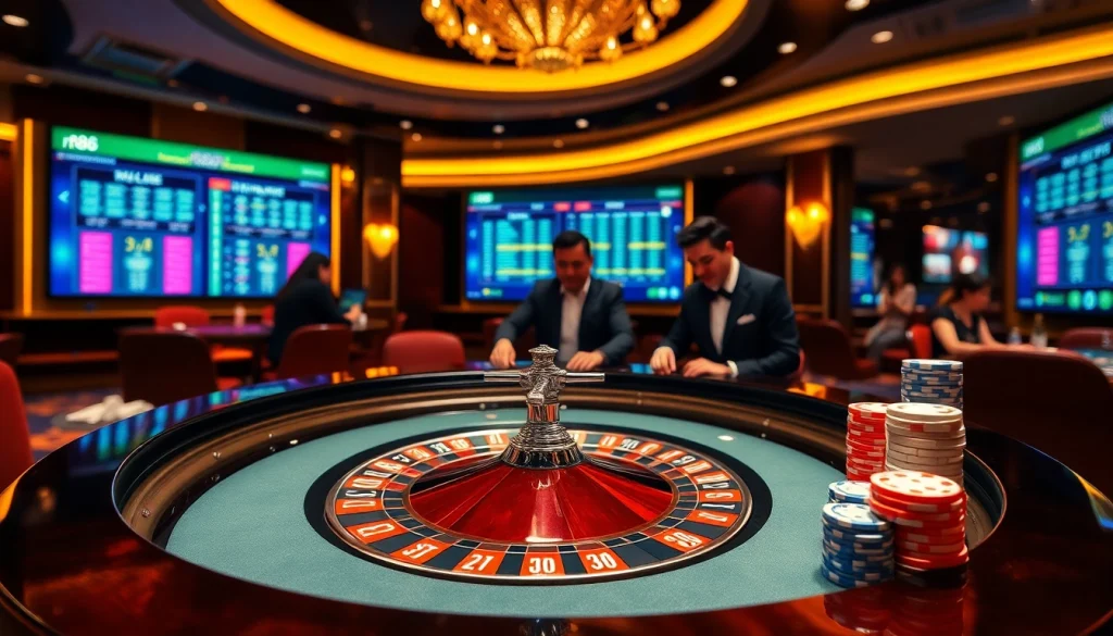 Experience the thrill of rr88 with players enjoying dynamic casino gaming at a luxurious roulette table.