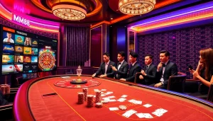 MM88 casino players engaging in a high-stakes poker game at a vibrant online casino.
