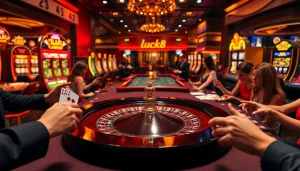 Thrilling casino scene featuring luck8-themed roulette table and excited gamblers.