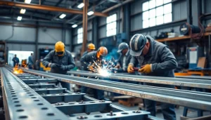 Showcasing custom steel fabrication with skilled metalworkers and intricate structures in a dynamic workshop.