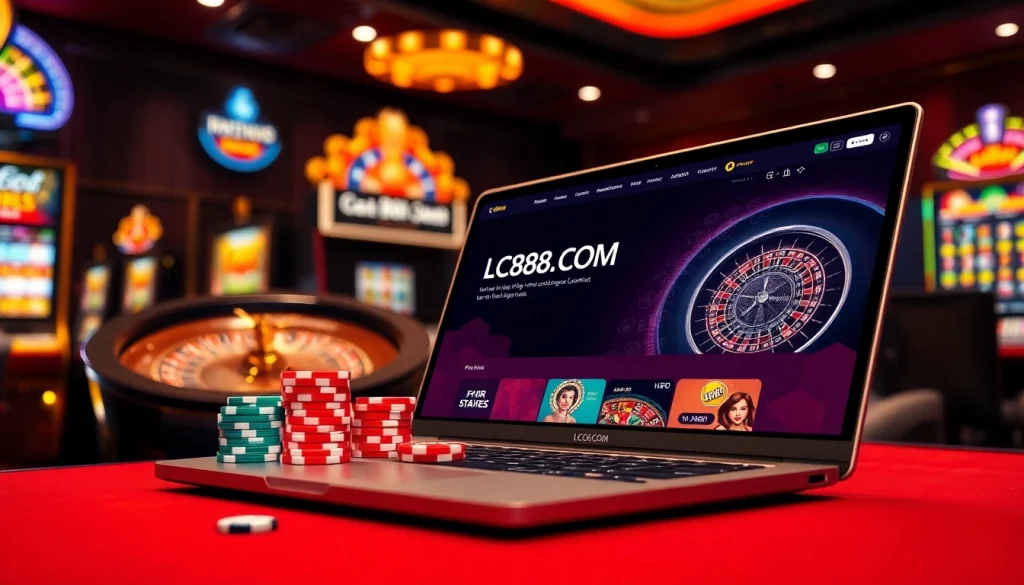Experience the excitement of gambling at LC88.COM with vibrant poker chips and a sleek roulette wheel.