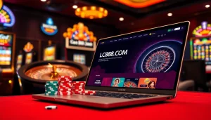 Experience the excitement of gambling at LC88.COM with vibrant poker chips and a sleek roulette wheel.