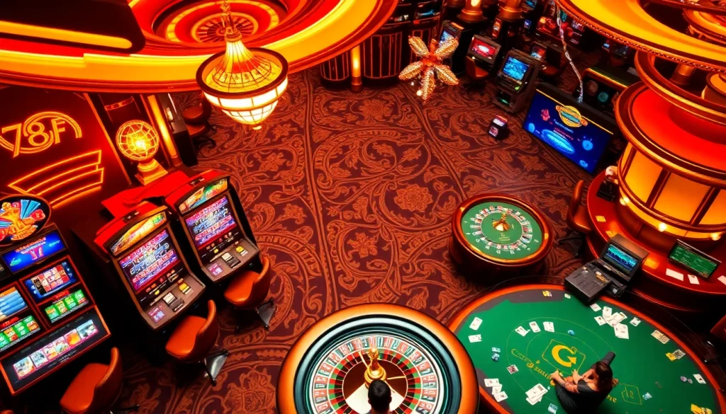 Action-packed casino scene featuring 788F nhà cái with players at roulette and poker tables.