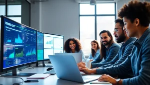 Online contact data verification in a modern office workspace with a diverse team.