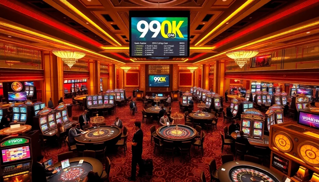 A dynamic casino scene featuring players at 99OK tables and vibrant slot machines, capturing the thrill of gambling.