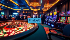 A thrilling gaming scene showcasing thabet77.sa.com with poker chips, roulette, and vibrant slot machines.