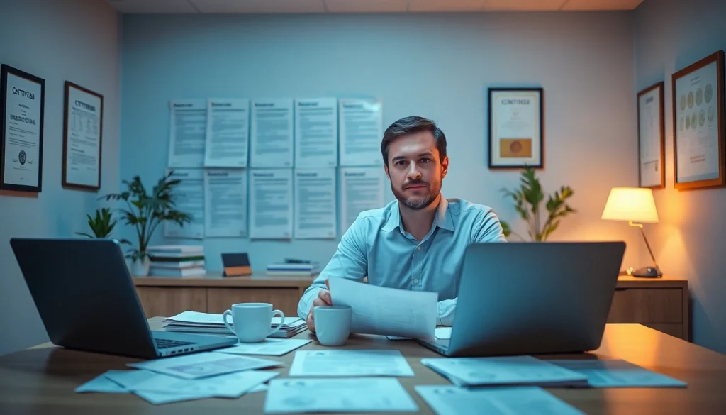 Professional translator working on certified translations (soudní překlad) in a modern office.
