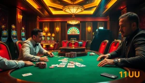 Players engage in an intense poker game at a luxurious casino table, showcasing the excitement of 11UU.