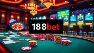 Engaging casino scene featuring vibrant slot machines and link 188bet prominently displayed.