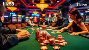 Người chơi bài đang tham gia tại bàn casino, thể hiện không khí đánh bạc sang trọng của Tik88.