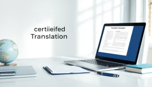 Espace de travail de traduction certifiée en ligne présentant un service de traducteur assermenté en ligne.