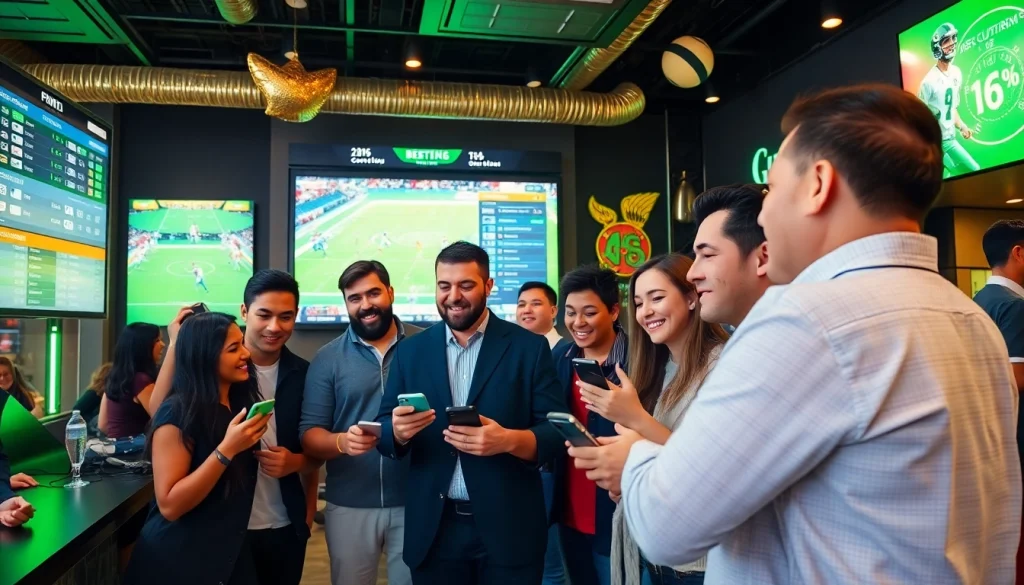 Engaged bettors exploring sports betting sites Canada options in a vibrant setting.