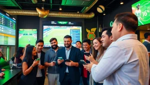 Engaged bettors exploring sports betting sites Canada options in a vibrant setting.