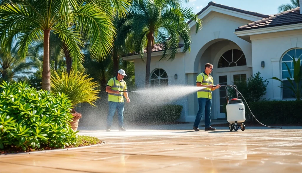 Soft wash pressure washing crew revitalizing a home in Kissimmee, Florida.