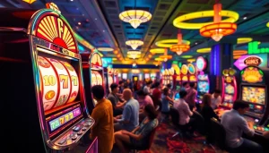 Mainkan slot pulsa dengan mesin slot yang penuh warna dan suasana kasino yang meriah.