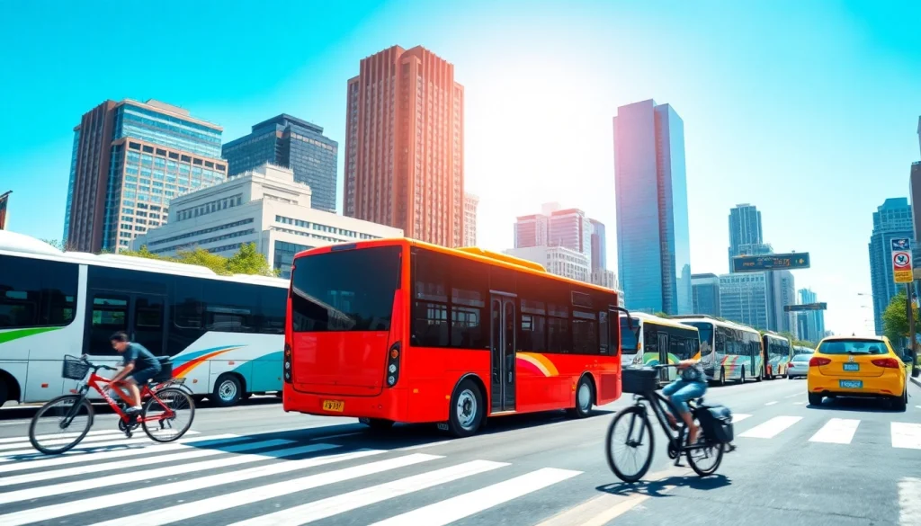 Transportation bustling city scene with various vehicles in motion showcasing urban mobility.