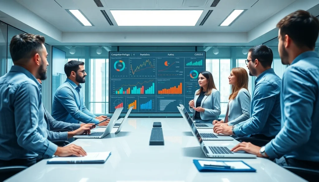 Analyze competitor pricing strategies in a collaborative corporate environment with analysts discussing charts.