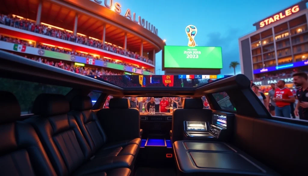 World Cup Group Transportation featuring a luxury limousine in Los Angeles with excited fans.
